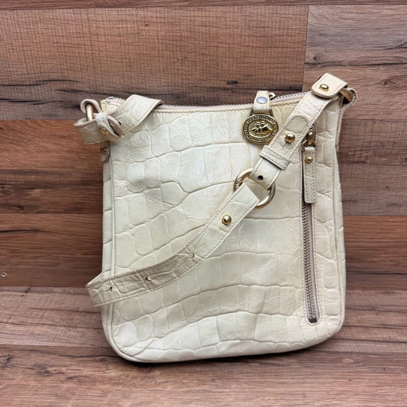 Brahmin Shimmer Cream and Tan Crocodile Embossed Adjustable Crossbody Bag - Picture 6 of 9